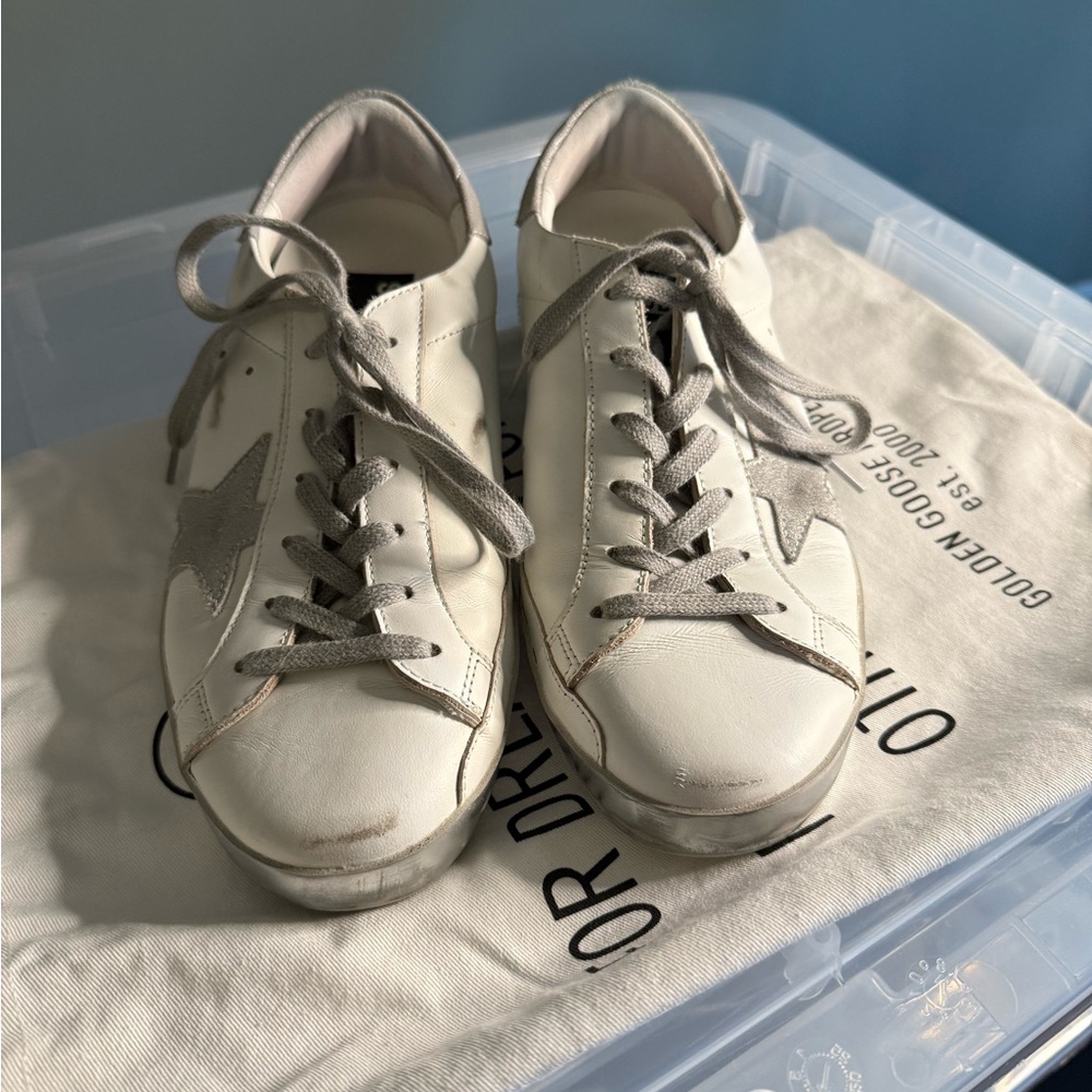 Authentic Golden Goose White and Silver Super-Star Sneakers SZ 40 w/ dust bag
